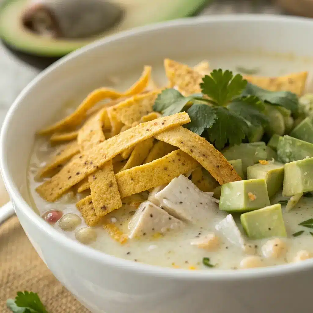 A bowl of white chicken chili topped with crispy tortilla strips and avocado.