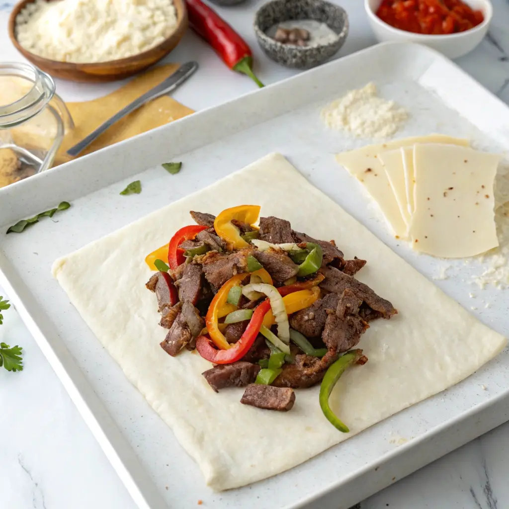 Assembling the pockets with dough, steak, and cheese before folding.