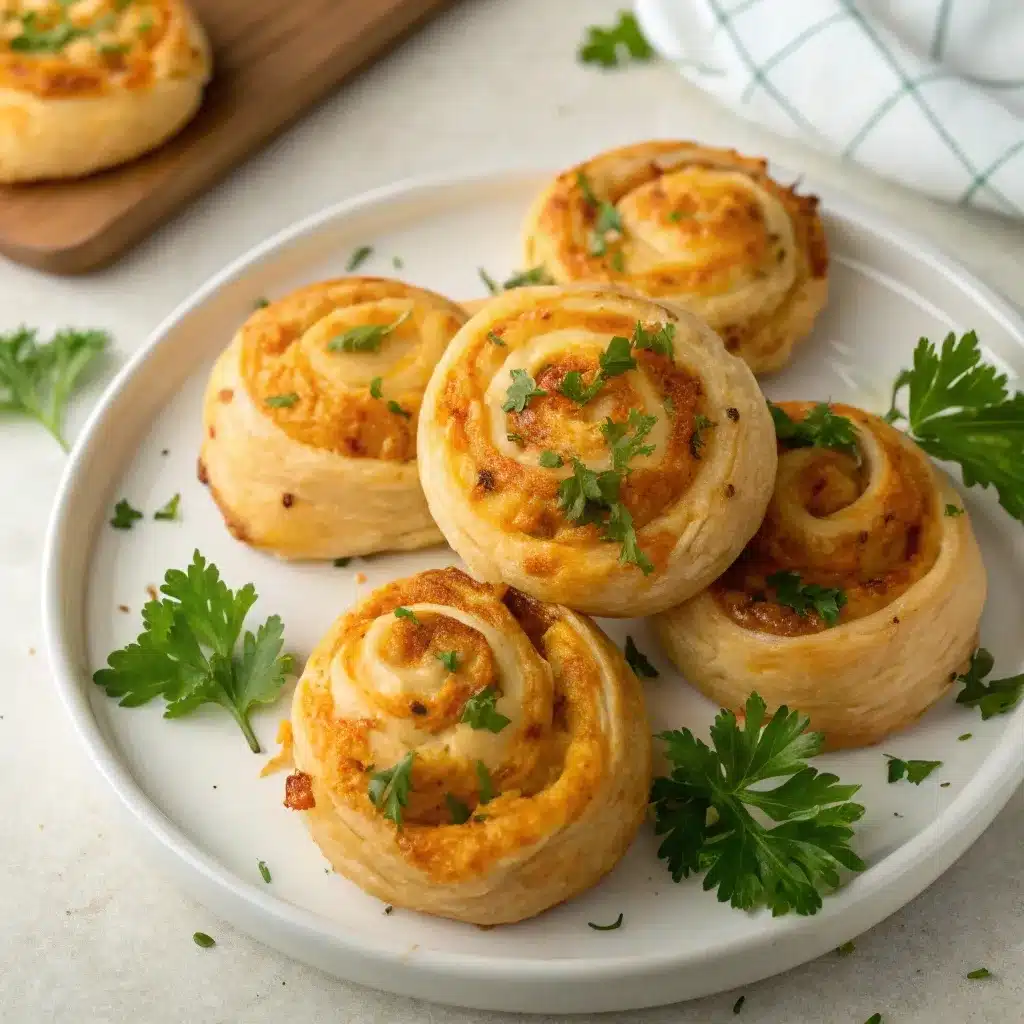 Golden baked crescent roll pinwheels filled with chicken and bacon.