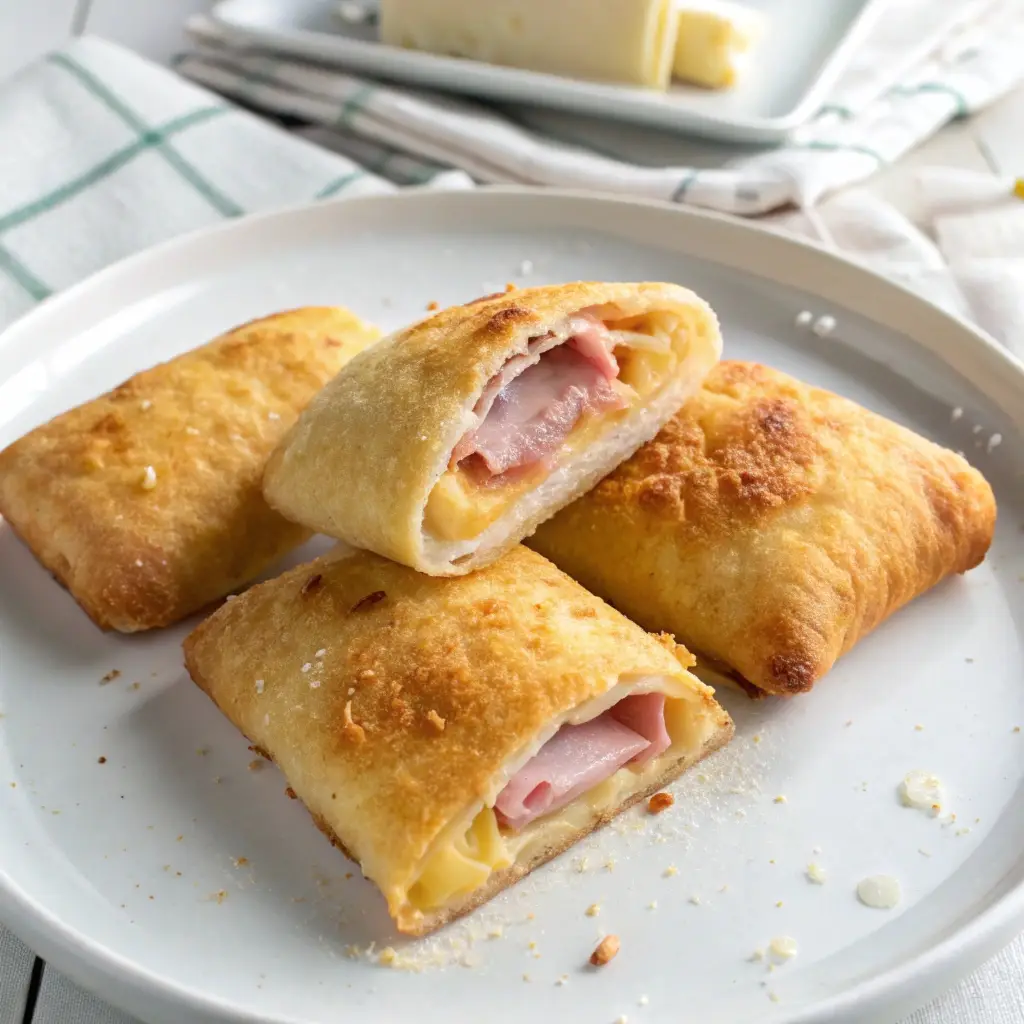 Plate of golden brown baked ham and cheese pockets.
