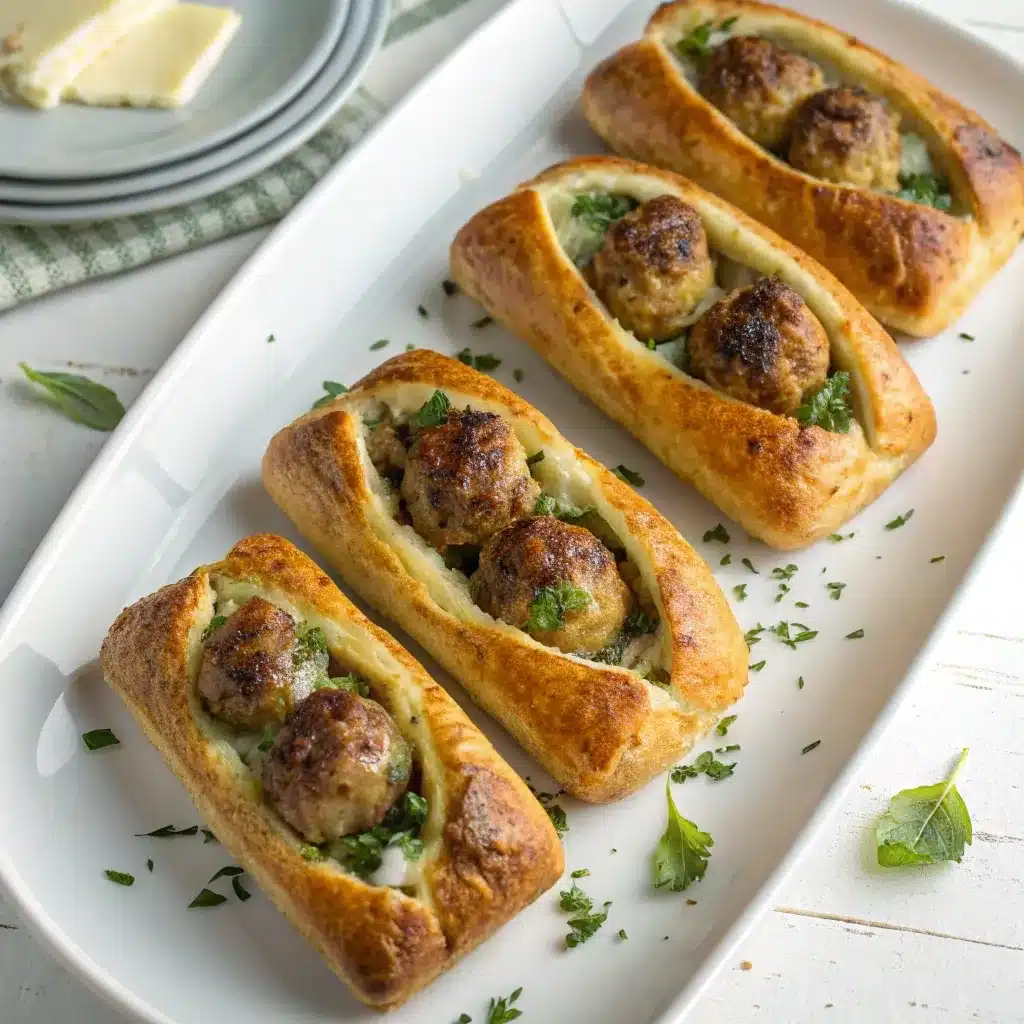 Plate of golden brown baked meatball sub pockets.