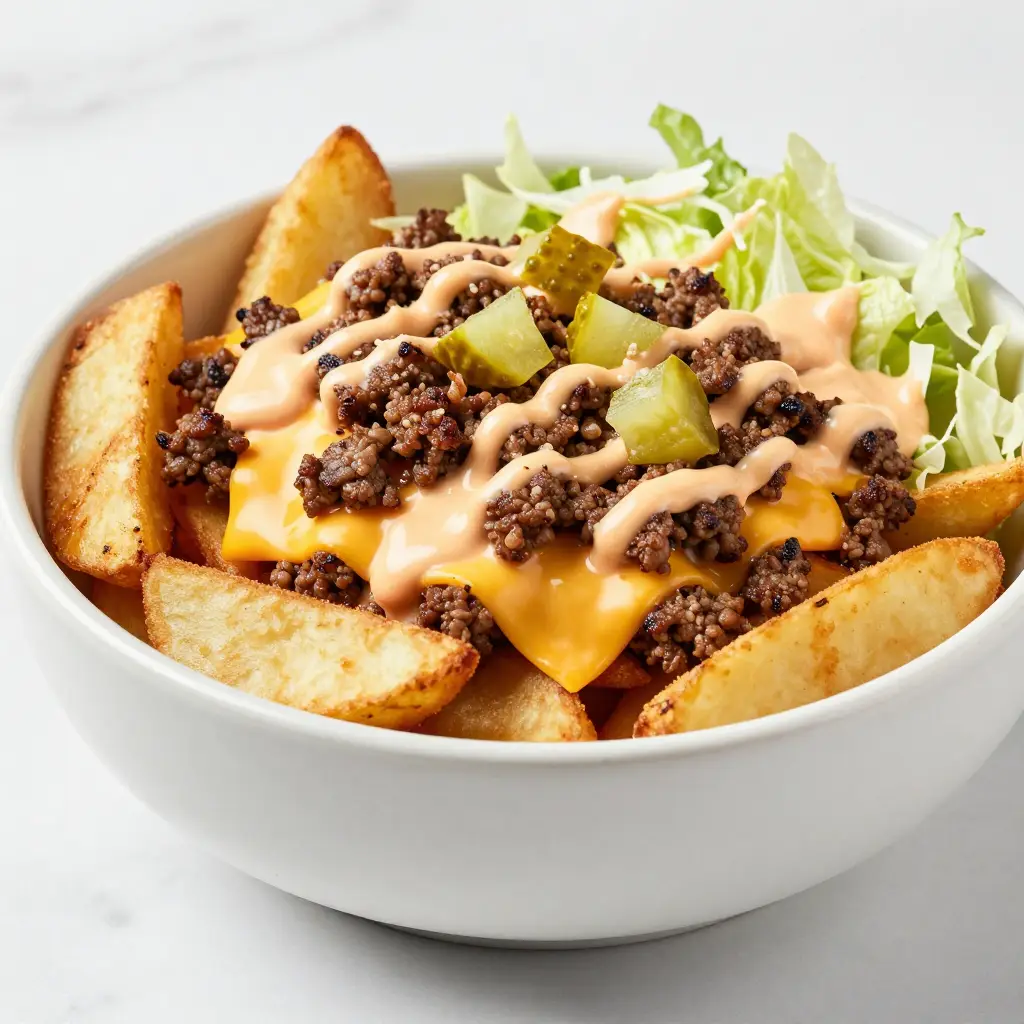 Close up of loaded burger fries bowl.