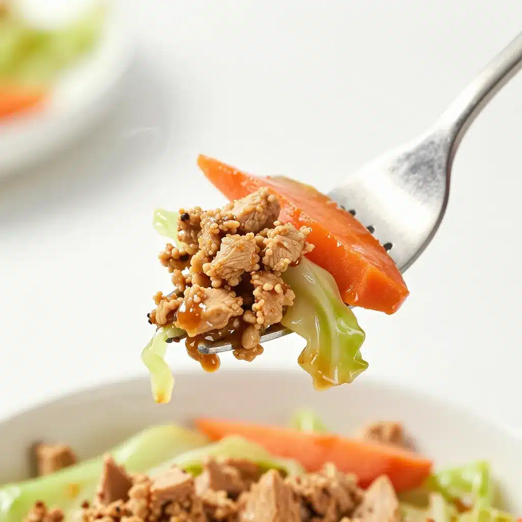 Fork lifting a bite of healthy egg roll in a bowl.