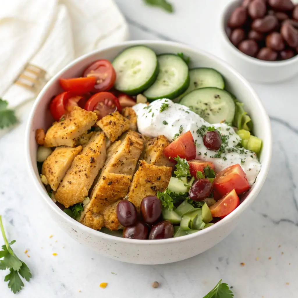 High protein greek chicken power bowl fully assembled.