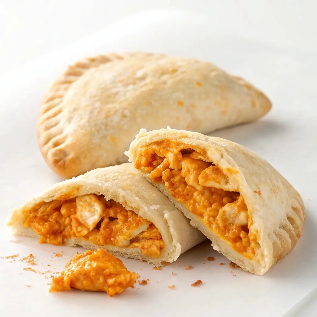 Cut open buffalo chicken pocket showing thick creamy filling.