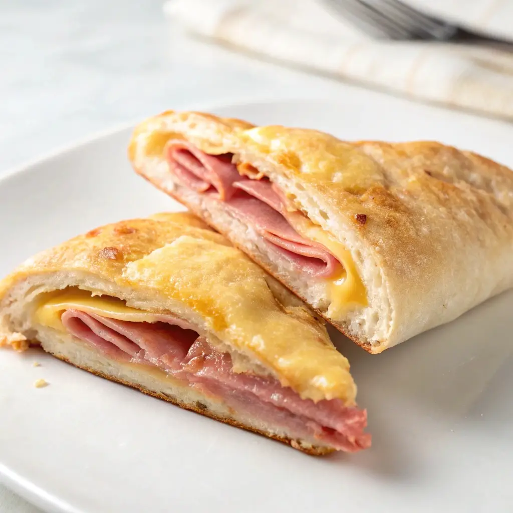 Cut open ham and cheese pocket showing juicy filling.