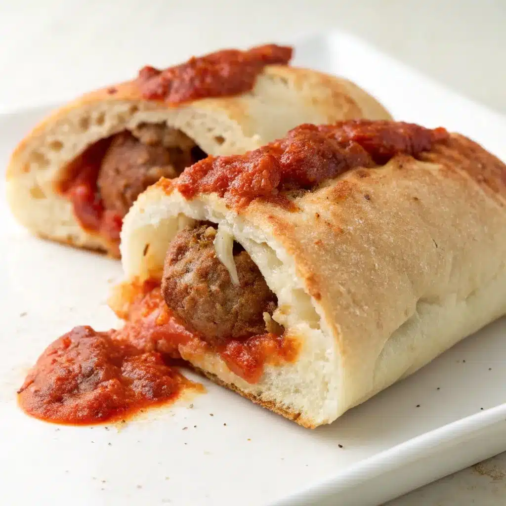Cut open meatball sub pocket showing juicy filling.