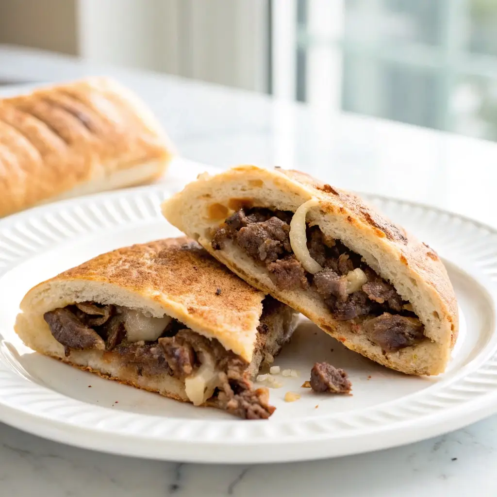 Healthy Philly cheesesteak pocket cut in half on a white plate.