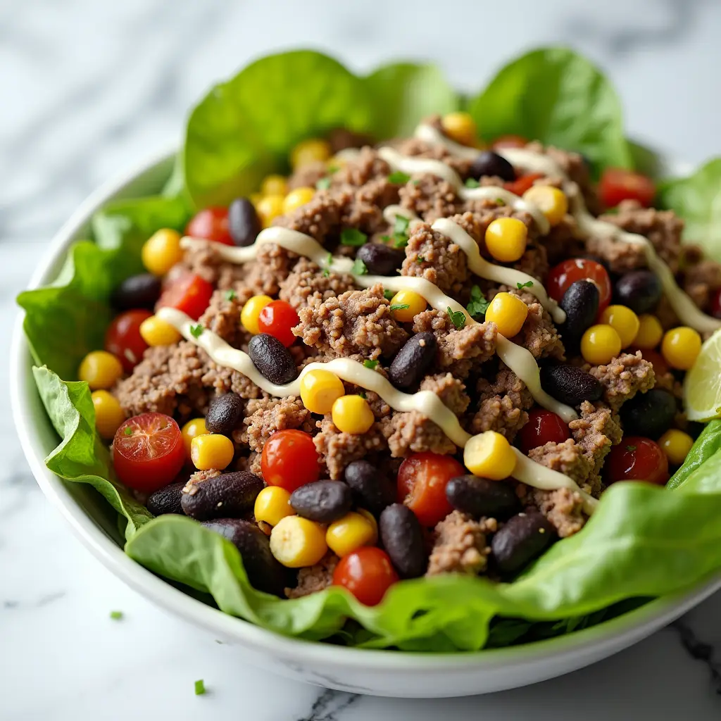 High protein taco salad bowl with vibrant ingredients and creamy dressing.