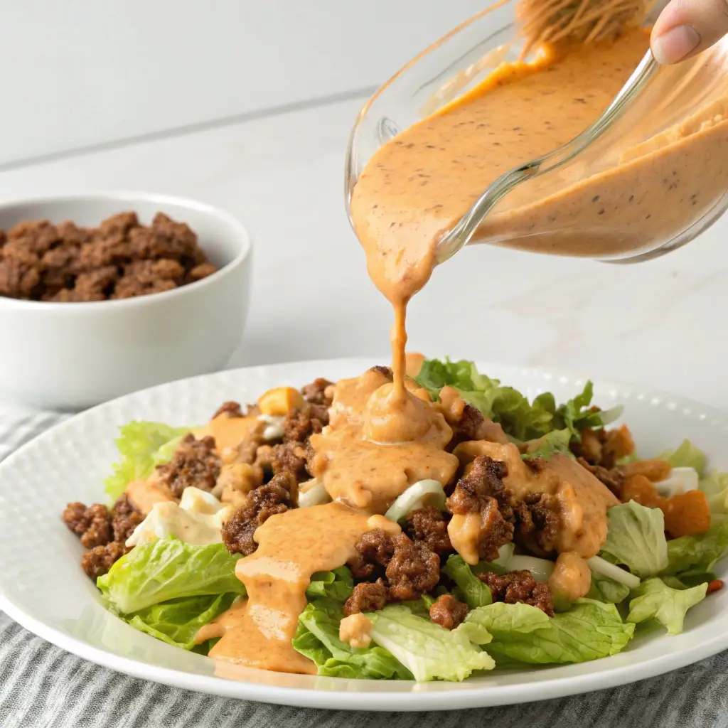 Pouring creamy special sauce over a Big Mac Salad recipe.