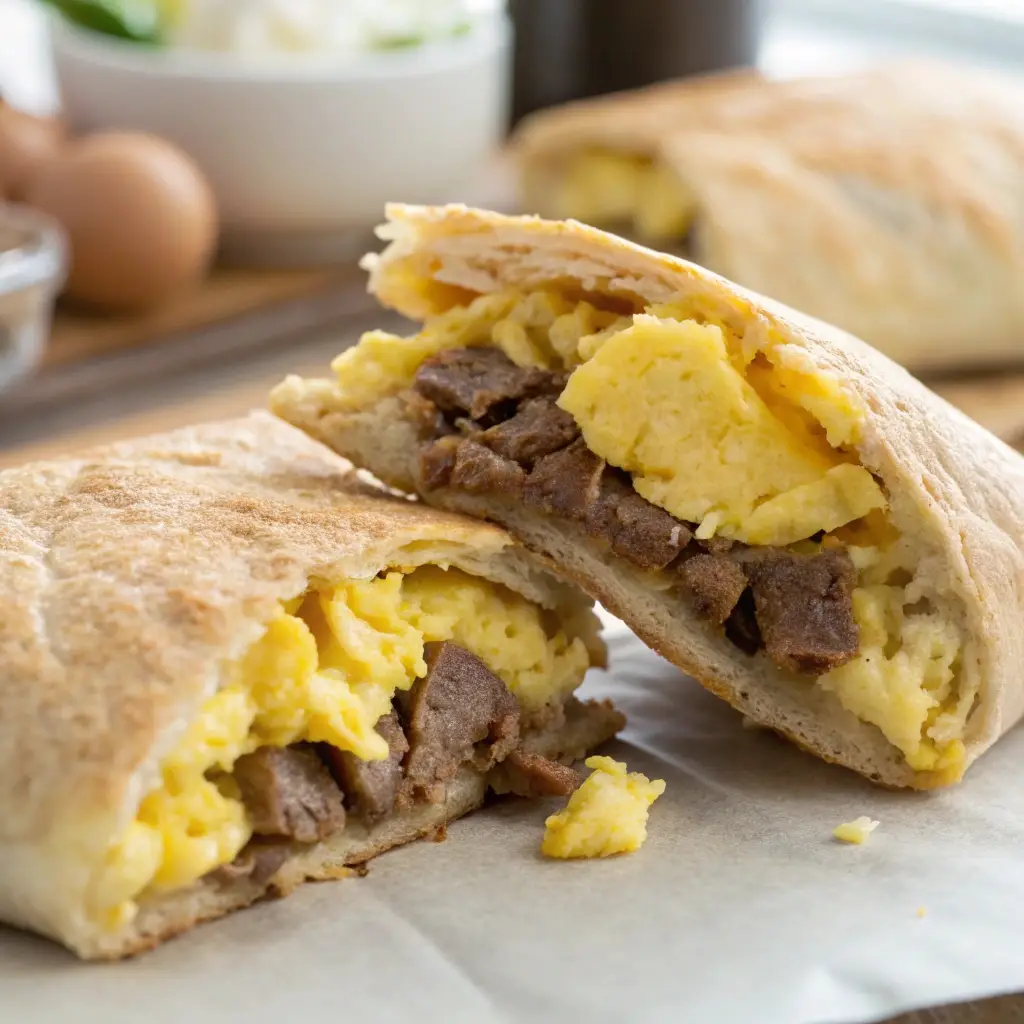 Breakfast pocket filled with steak, eggs, and cheese.