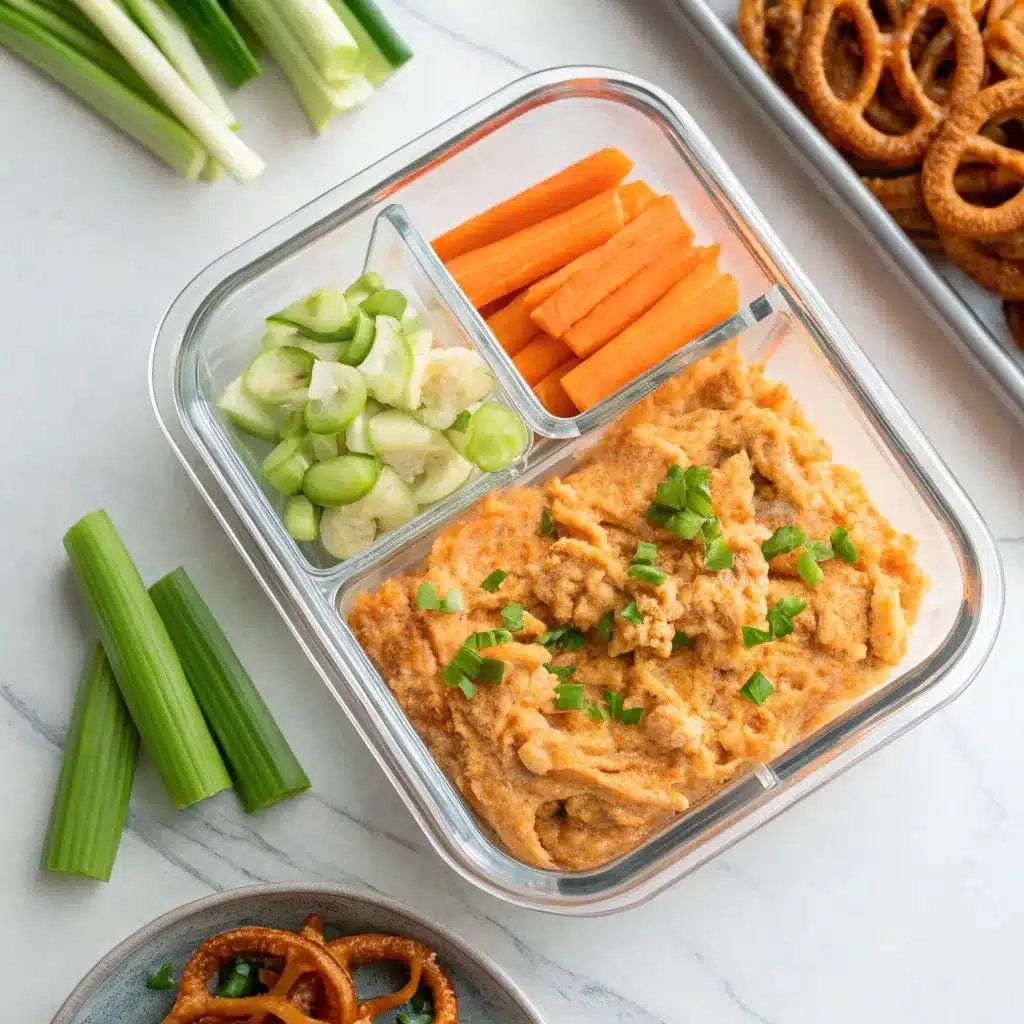 Buffalo chicken cold lunchbox with cottage cheese dip, celery, carrots, and pretzels.