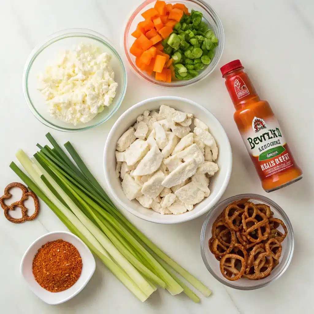 Ingredients for buffalo chicken lunchbox including cottage cheese, hot sauce, and ranch mix.