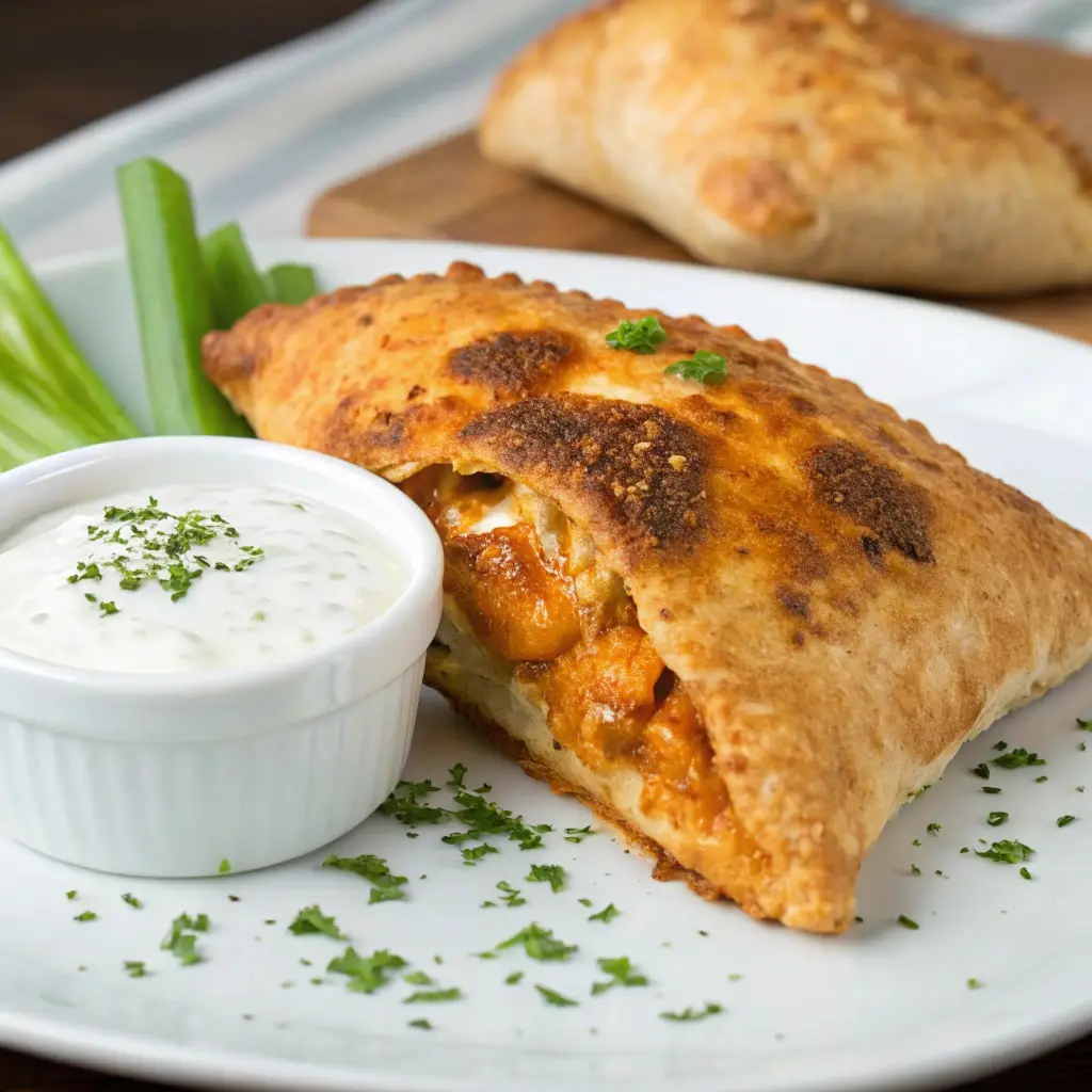 Golden buffalo chicken pocket served with a side of ranch.