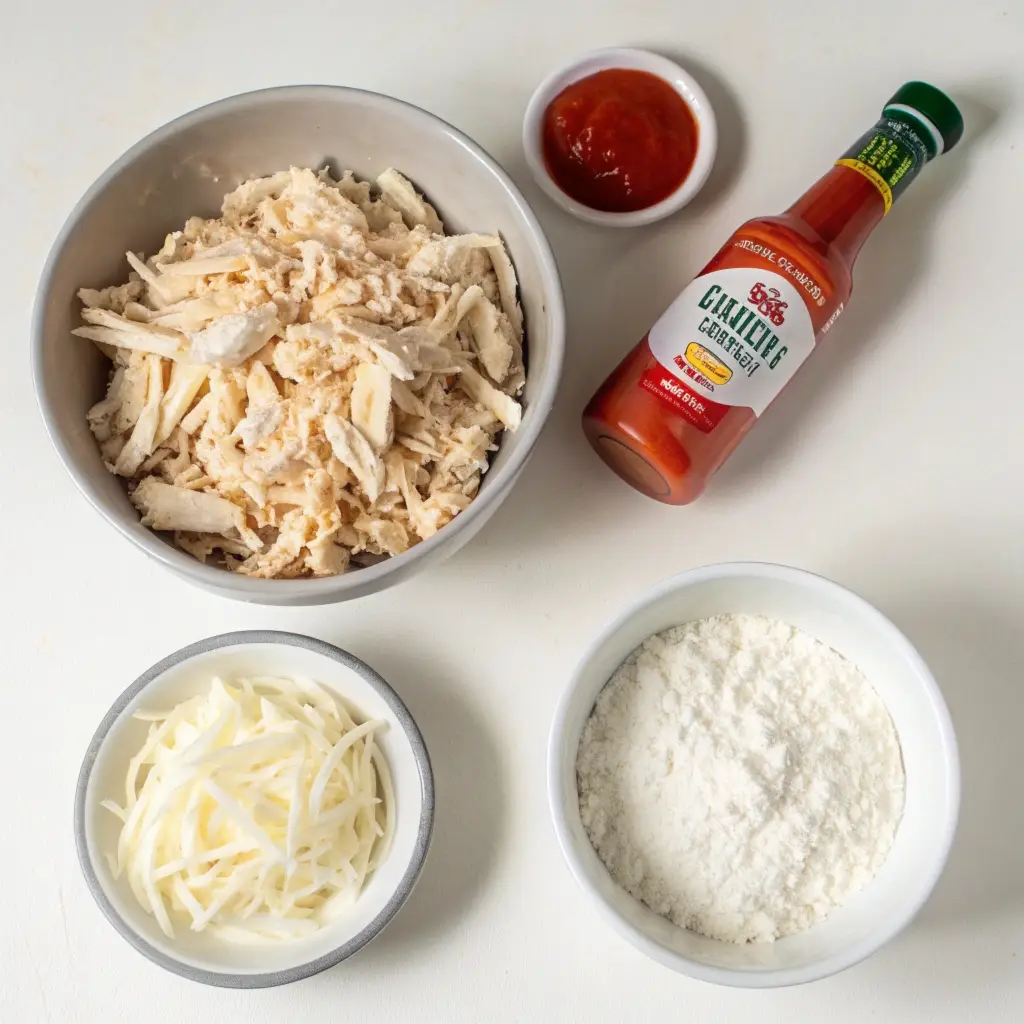 Ingredients for buffalo chicken pockets including hot sauce and greek yogurt.