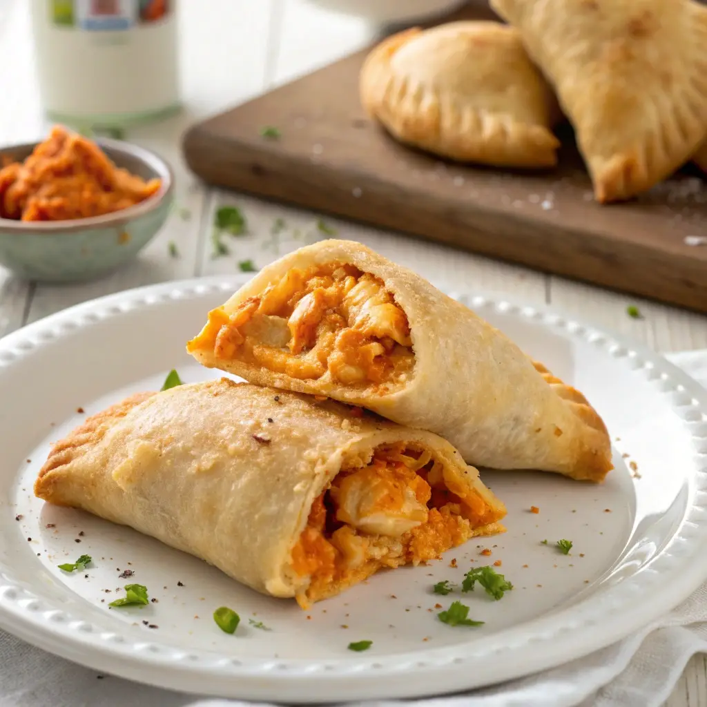 Plate of three golden buffalo chicken pockets with creamy filling.