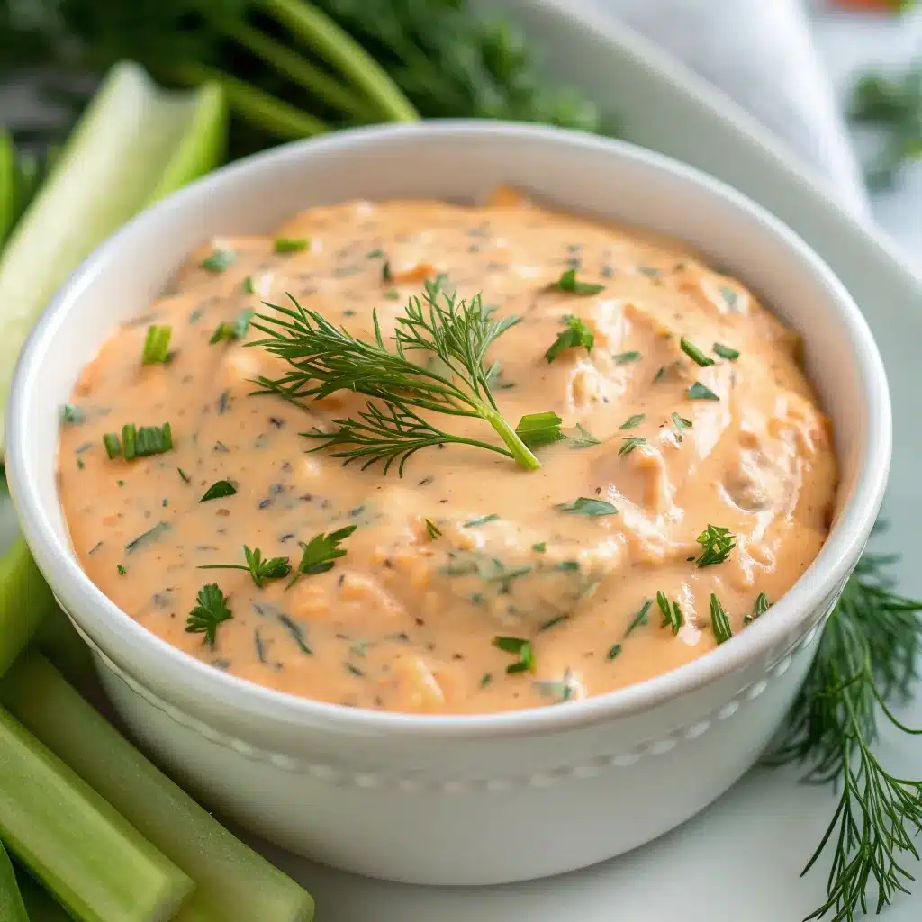 Creamy buffalo ranch chicken dip with fresh herbs in a bowl.