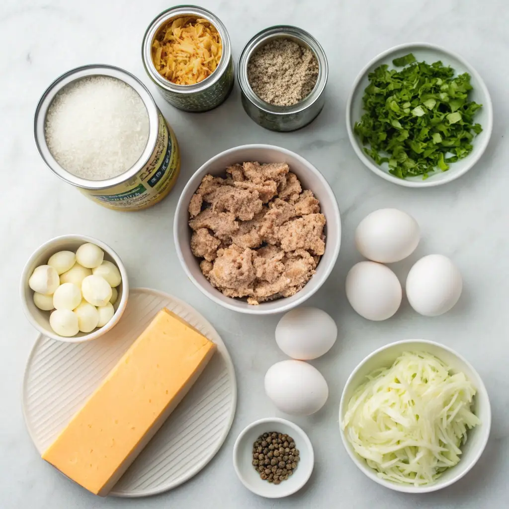 Fresh ingredients for cheesy tuna muffins including tuna, eggs, and cheddar.