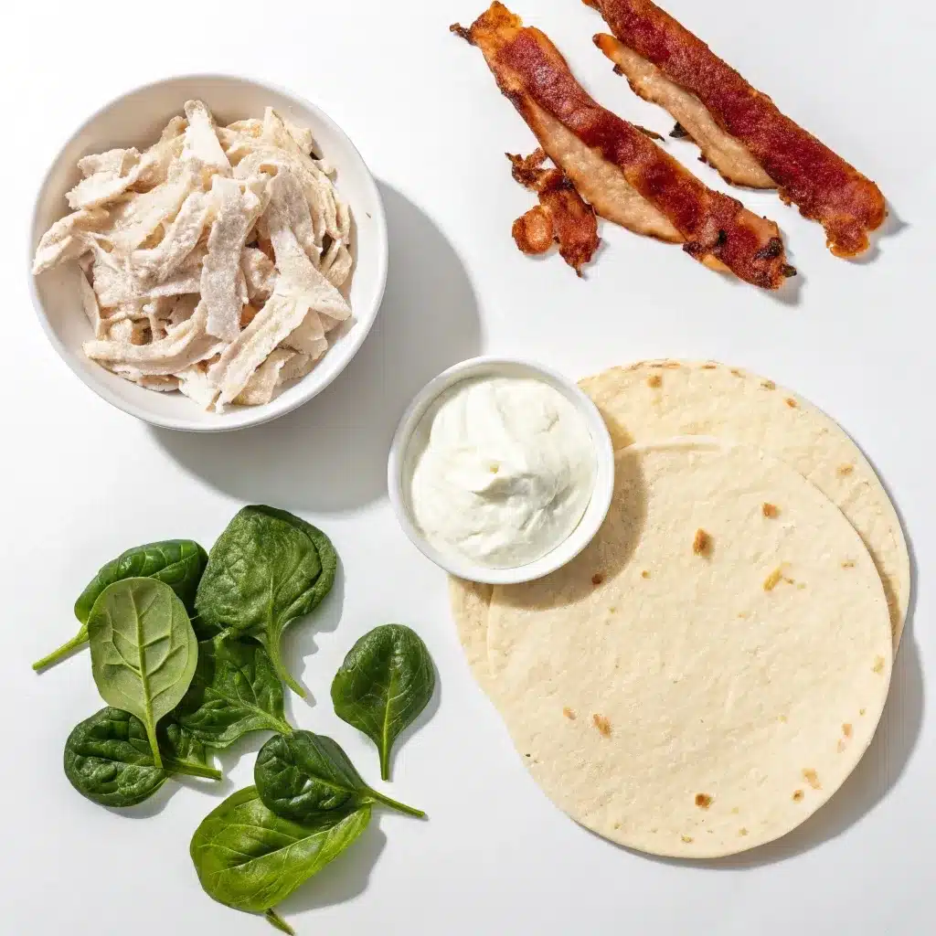Fresh ingredients for healthy pinwheels arranged on a white background.