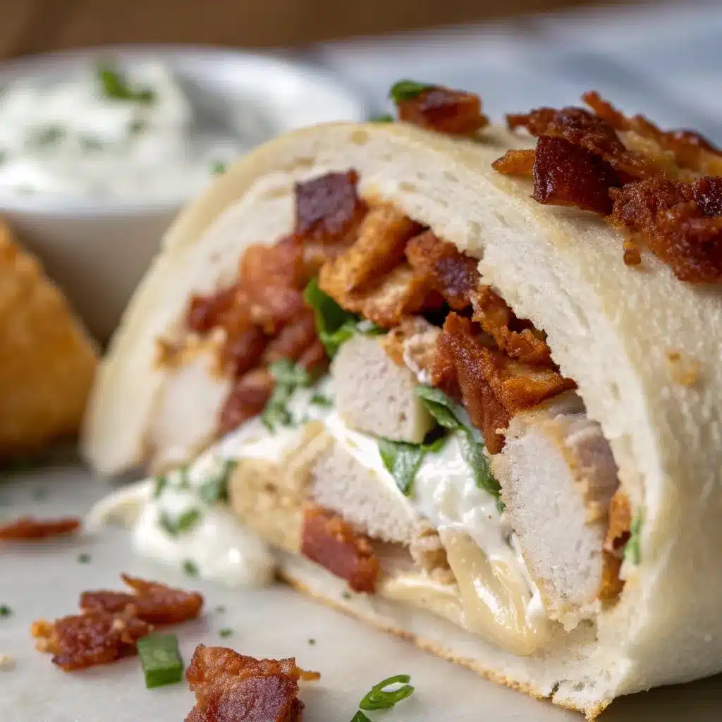 Macro texture shot of the creamy chicken and bacon filling inside the roll.