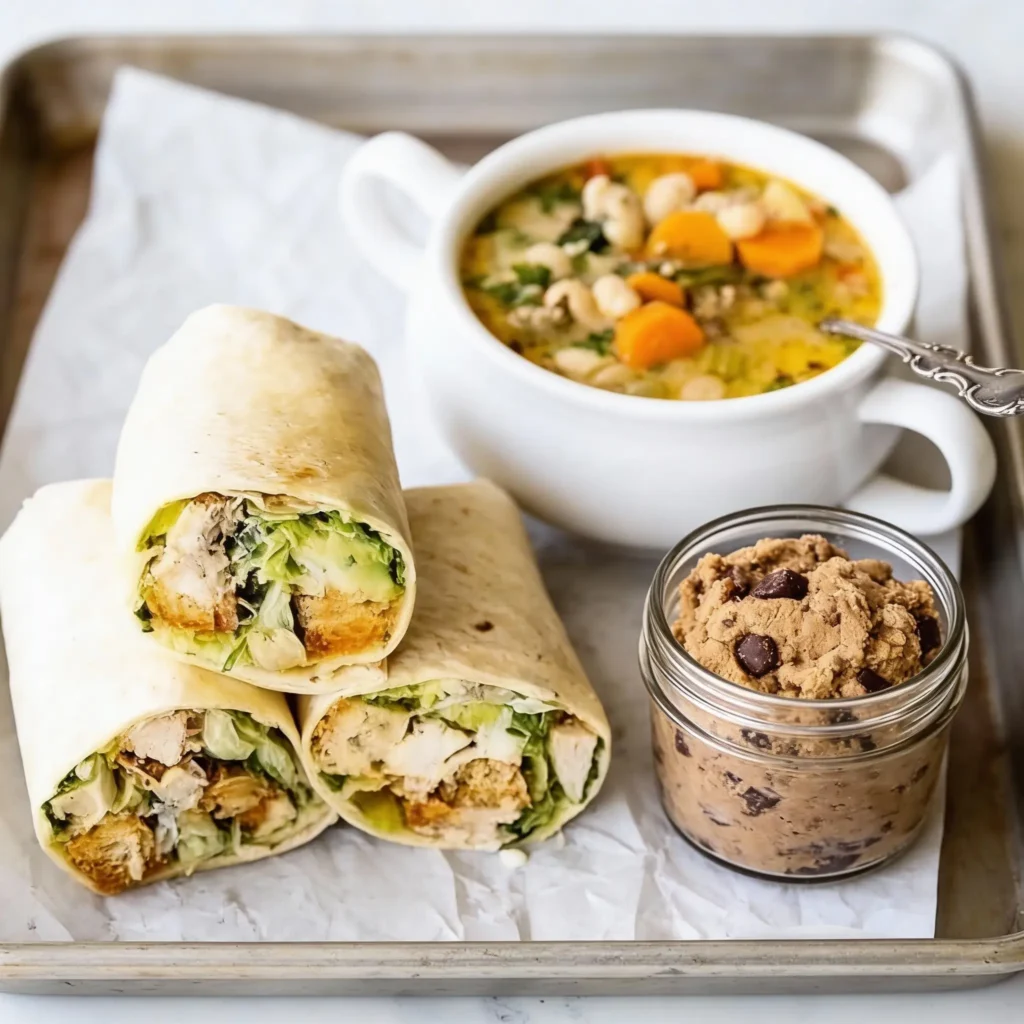 High protein chicken caesar wrap paired with white bean soup and cookie dough.