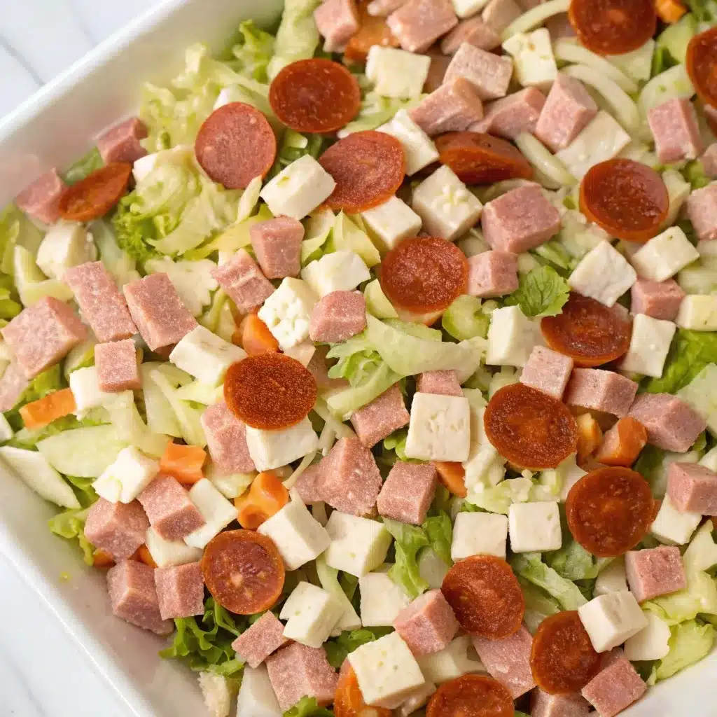 Texture shot of finely chopped turkey, pepperoni, and lettuce.