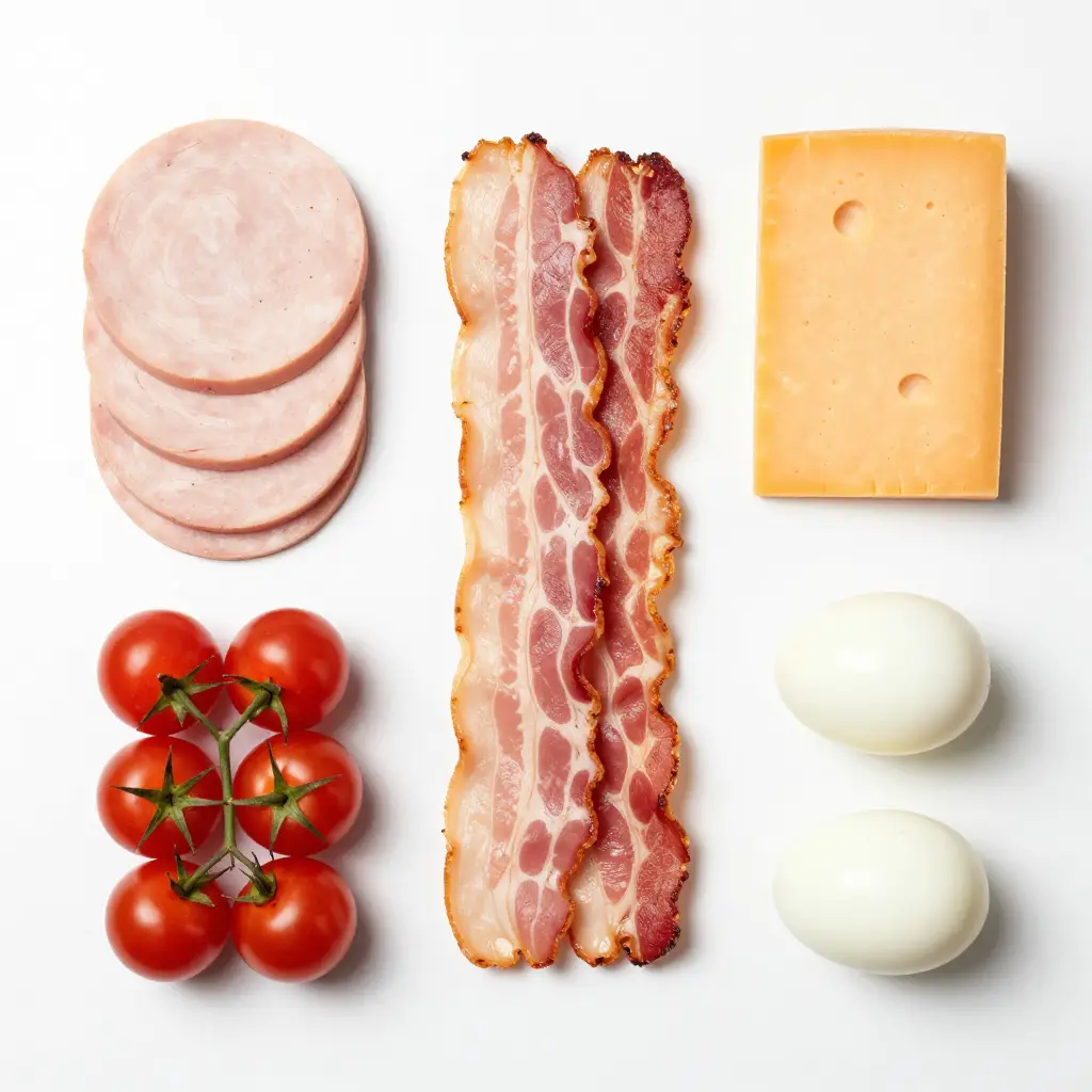 Ingredients for low carb club sandwich box including bacon and eggs.