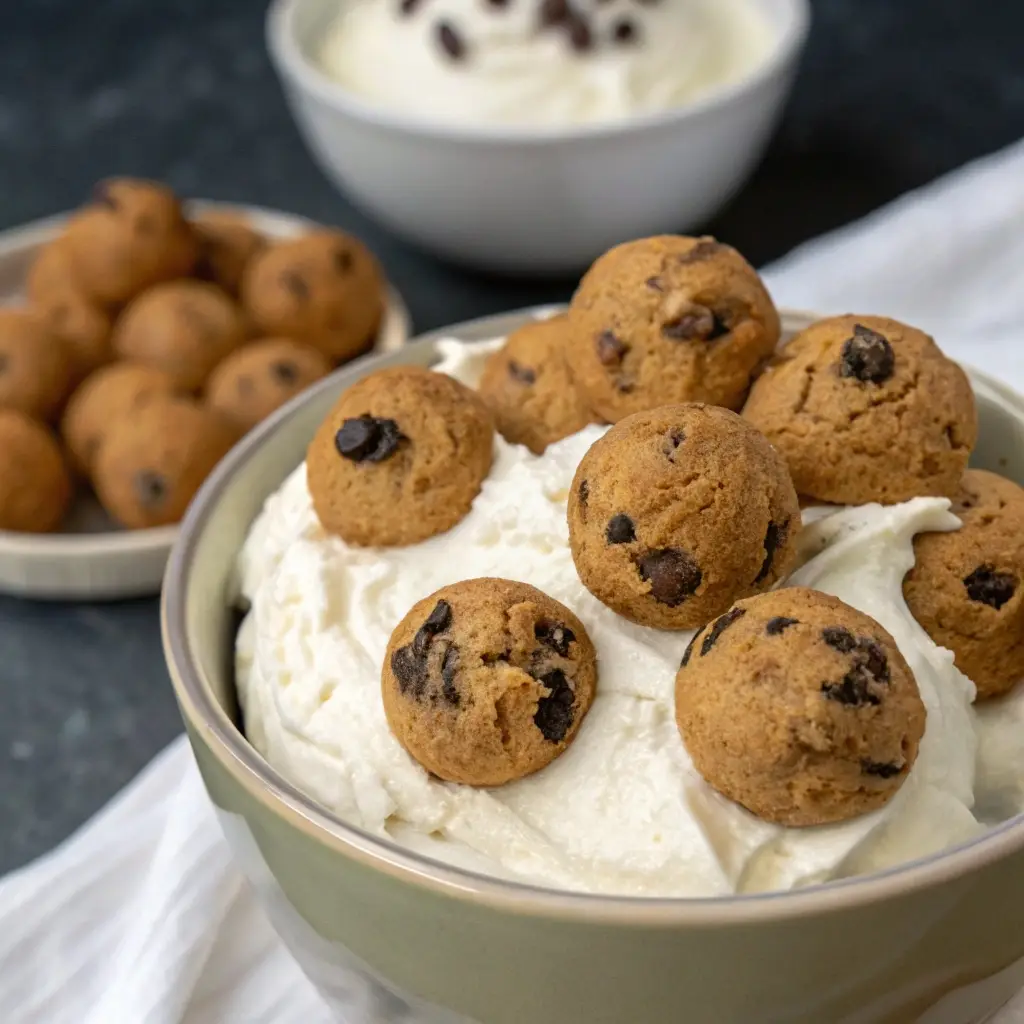 Whipped cottage cheese bowl topped with protein cookie dough bites.