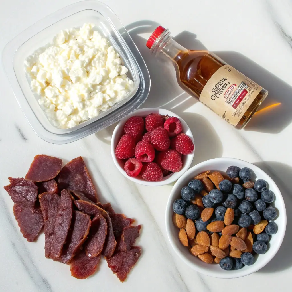 Ingredients for whipped cottage cheese bowl including berries and jerky.