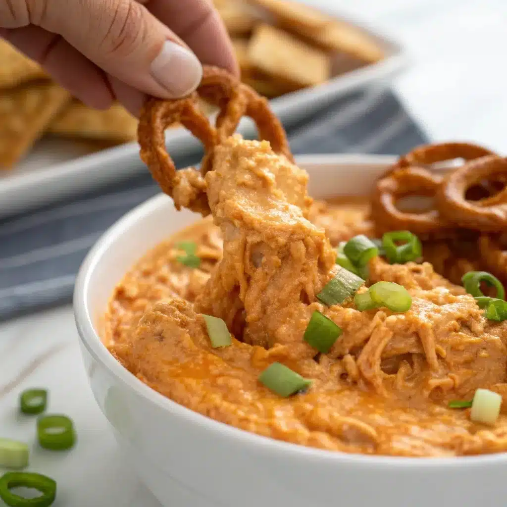 Pretzel dipping into smooth cottage cheese buffalo chicken dip.