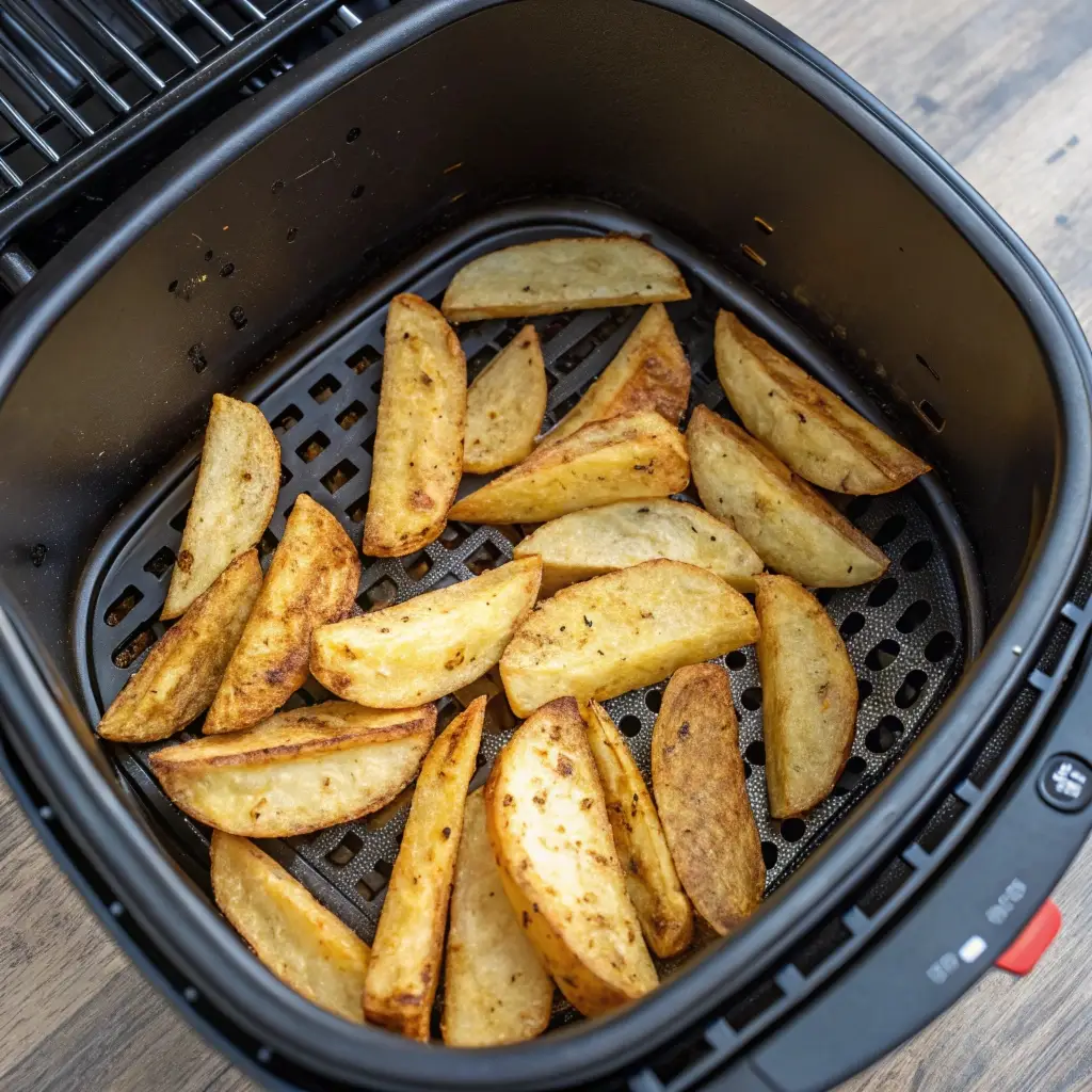 Golden brown crispy fries in an air fryer basket.