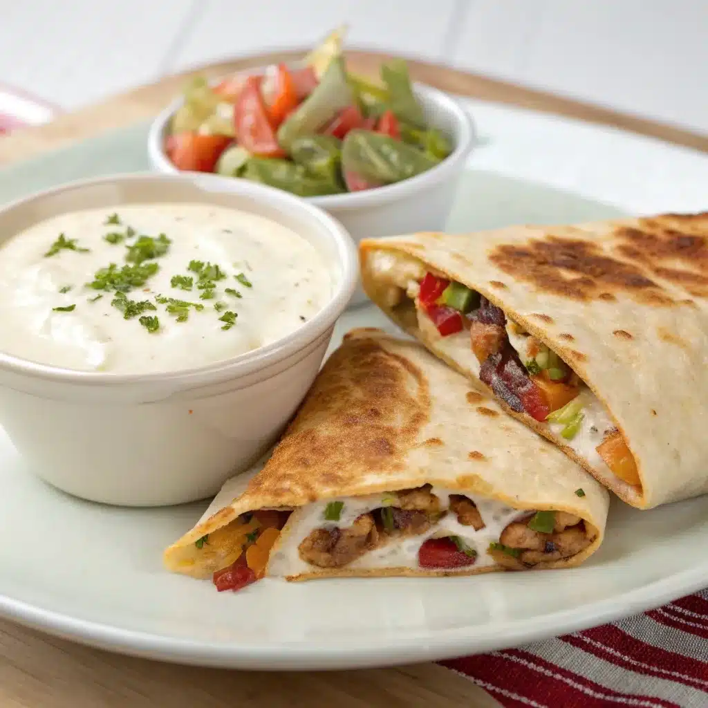 High protein crunchwrap supreme served with a side of white queso dip.