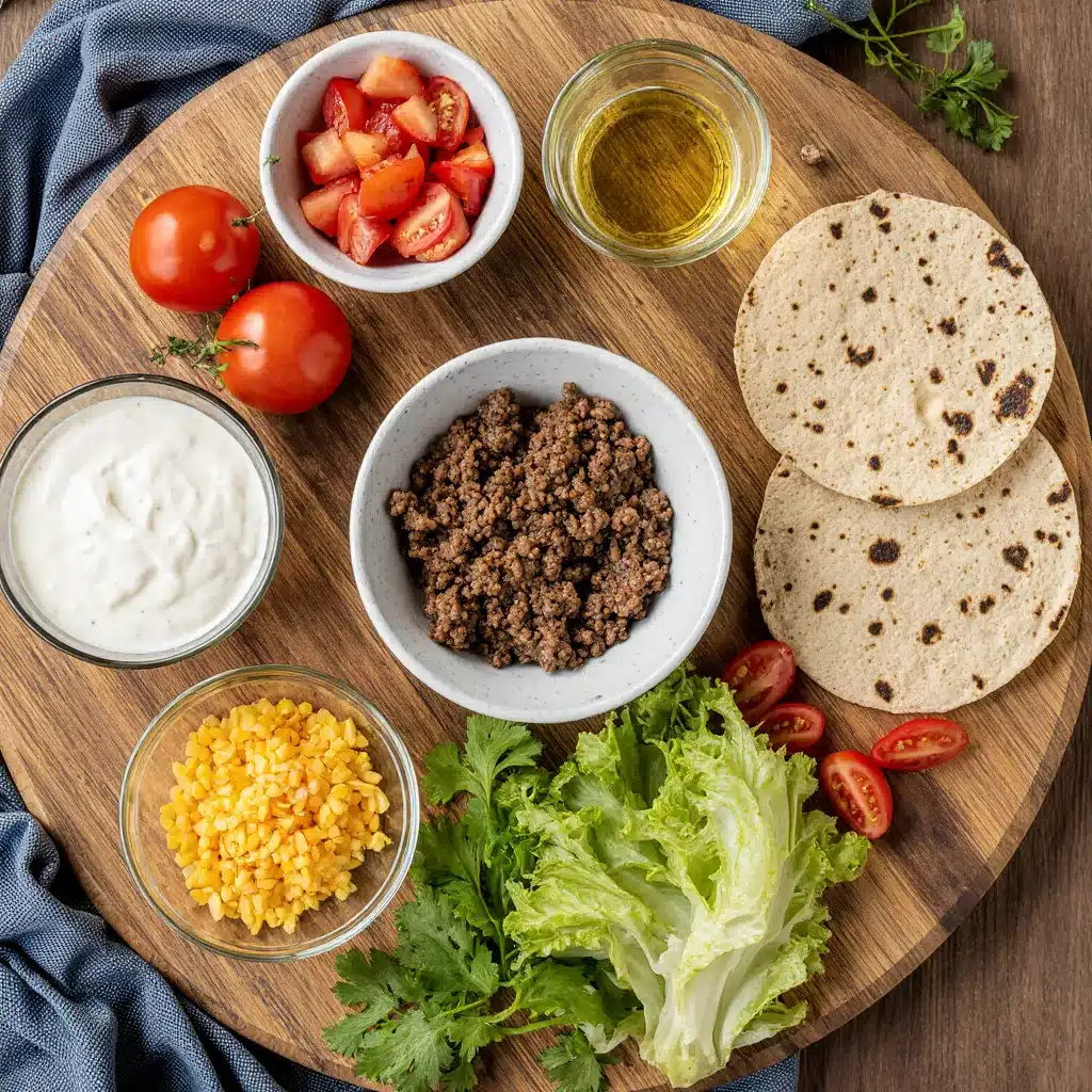 Fresh ingredients for high protein crunchwrap supreme recipe including tortillas and lean beef.