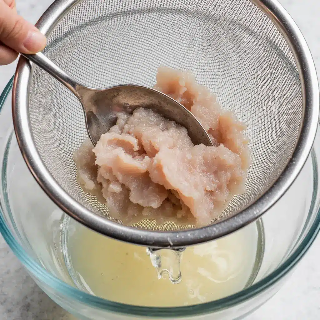 Draining liquid from canned tuna using a sieve and spoon.