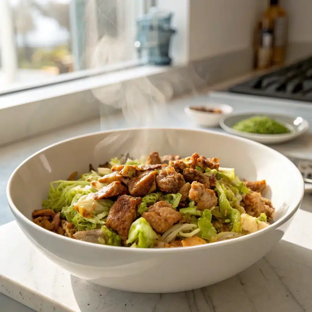 Large bowl of healthy egg roll in a bowl ready to eat.