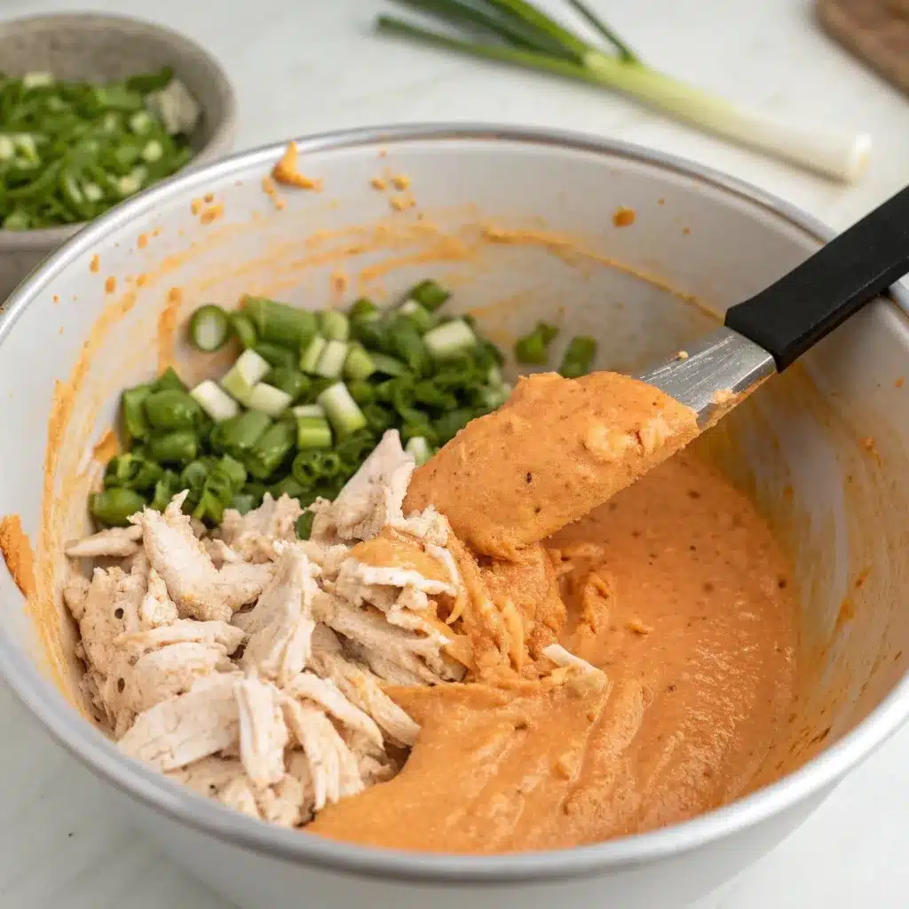 Folding shredded chicken into the blended buffalo sauce.