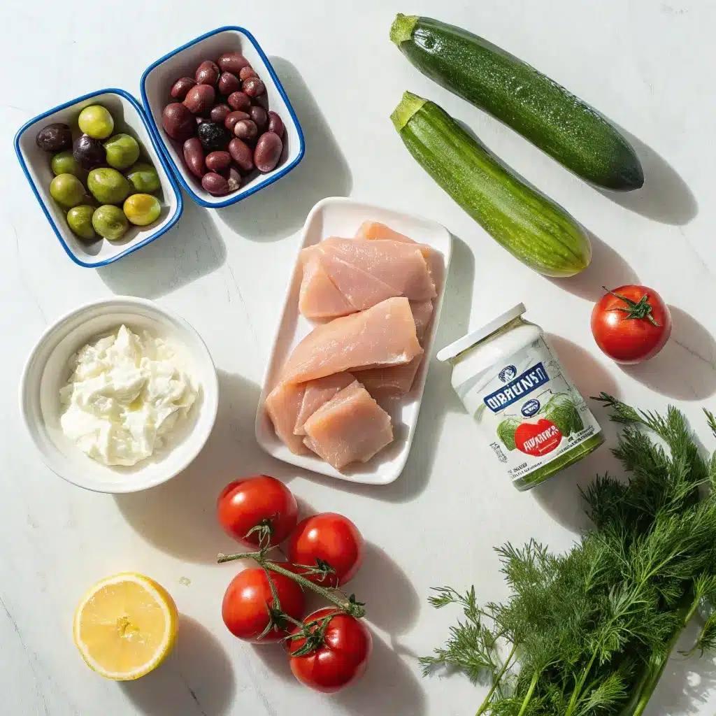 Ingredients for greek chicken power bowl including feta and olives.