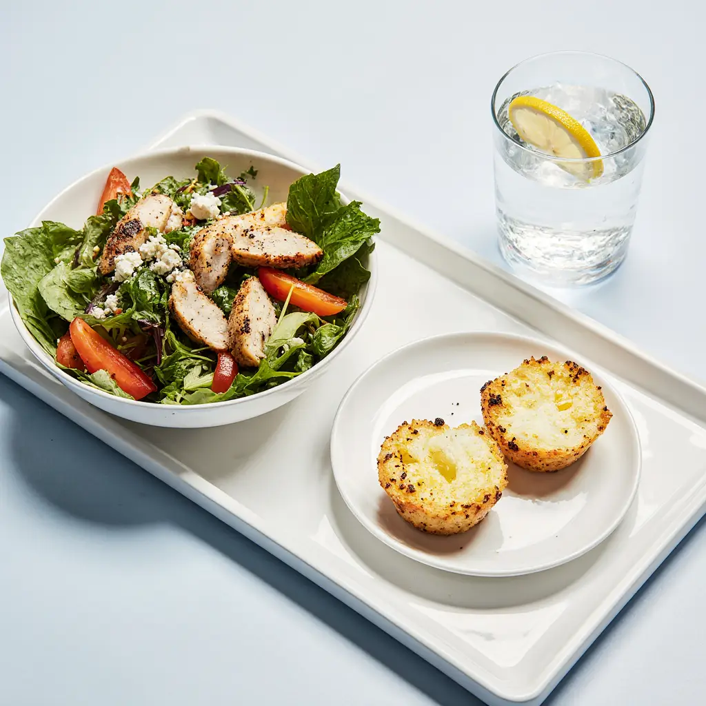 Greek chicken bowl served with high protein egg bites.