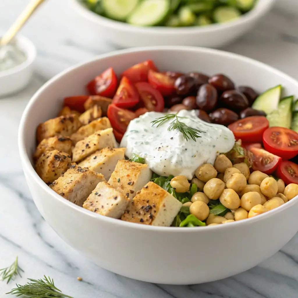 High protein greek chicken power bowl with tzatziki and fresh veggies in a white bowl.