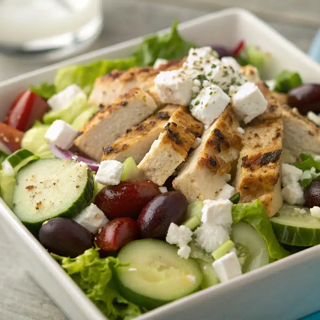 Greek style chopped salad with chicken, olives, and feta.