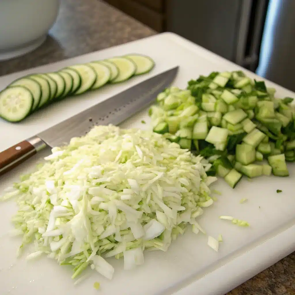 Finely chopped cabbage and cucumbers for Green Goddess Salad recipe.
