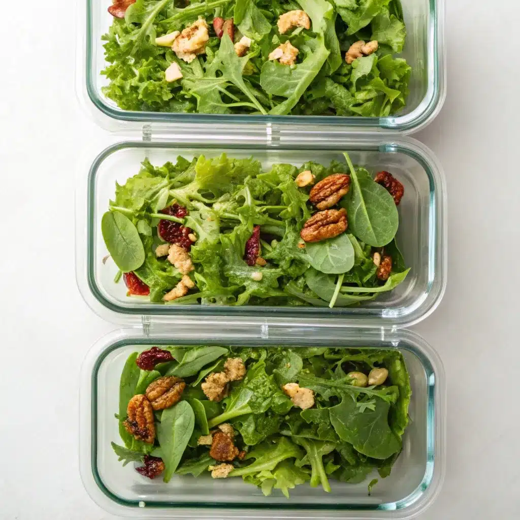 Meal prep containers filled with Green Goddess Salad with chicken.