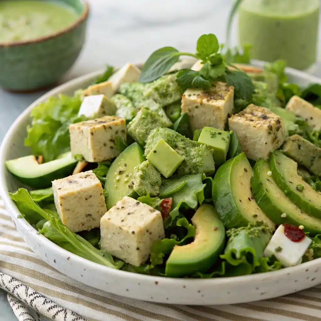 Vegetarian Green Goddess Salad with tofu cubes.