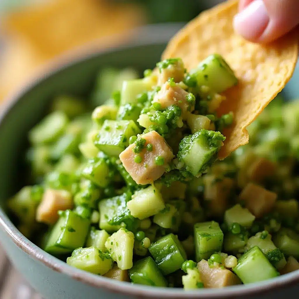 Close up of Green Goddess Salad with chicken on a tortilla chip.