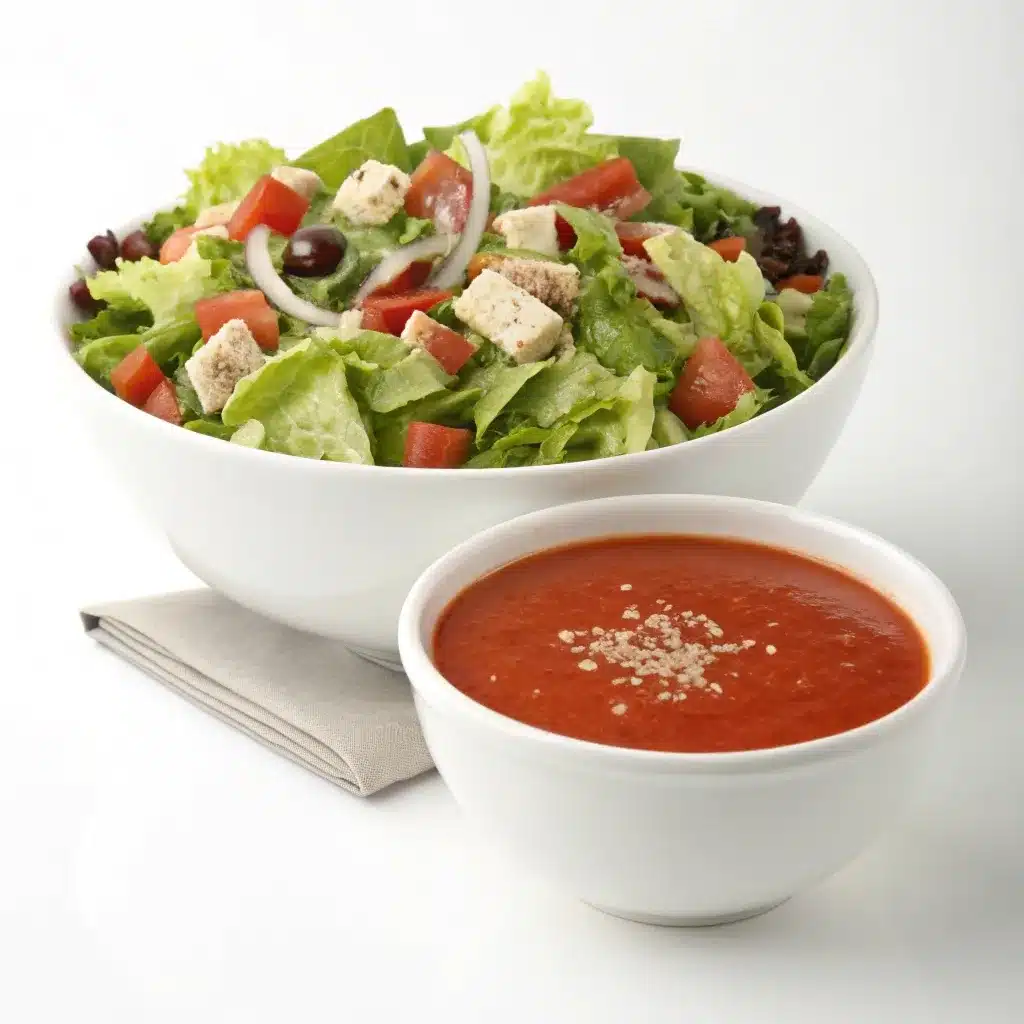 High protein grinder salad next to a bowl of tomato soup.