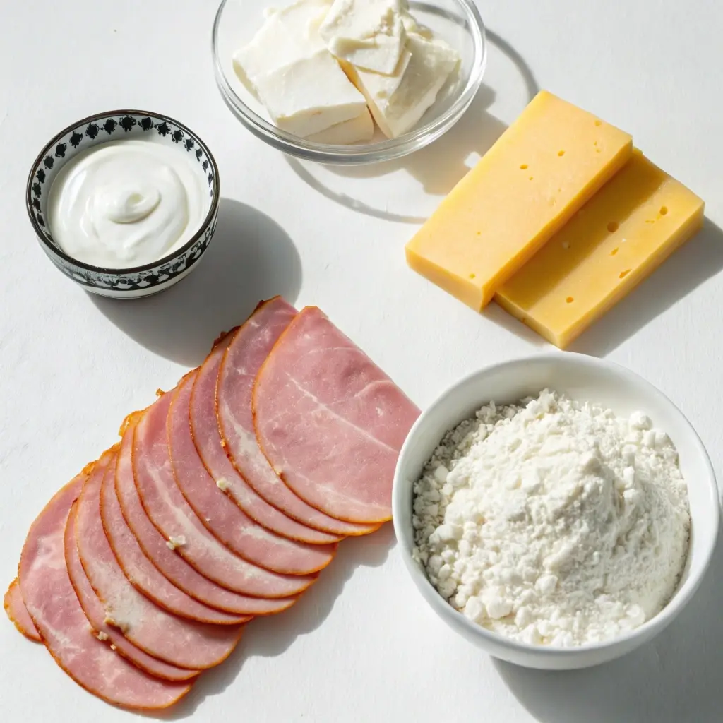 Ingredients for ham and cheese pockets including greek yogurt and deli ham.
