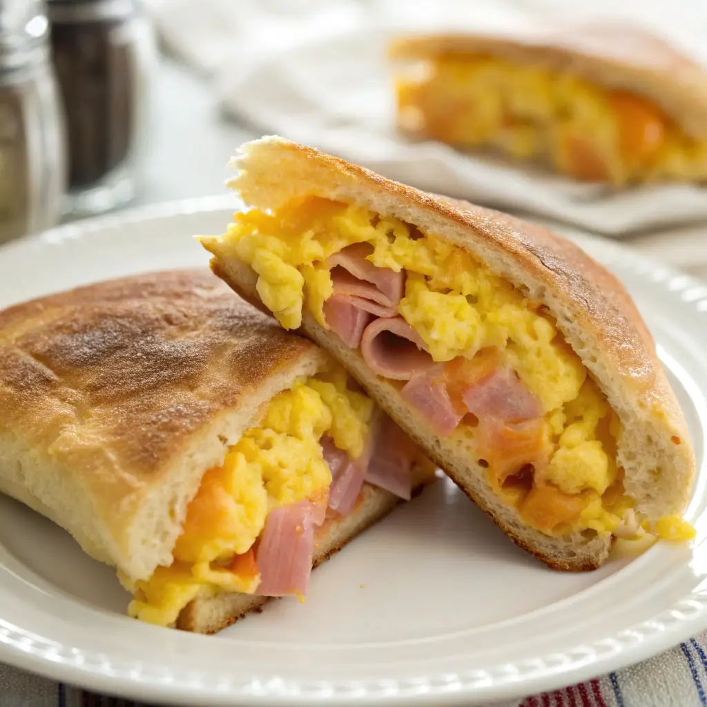 Breakfast pocket filled with ham, scrambled eggs, and cheese.