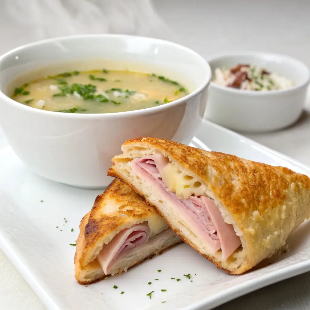 Ham and cheese pocket served with a side of soup.