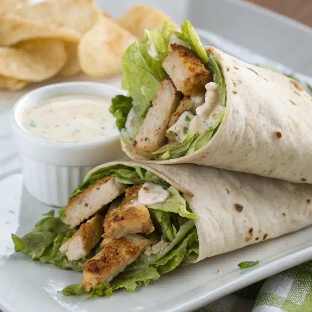 Inside view of a healthy chicken caesar wrap with yogurt dressing.