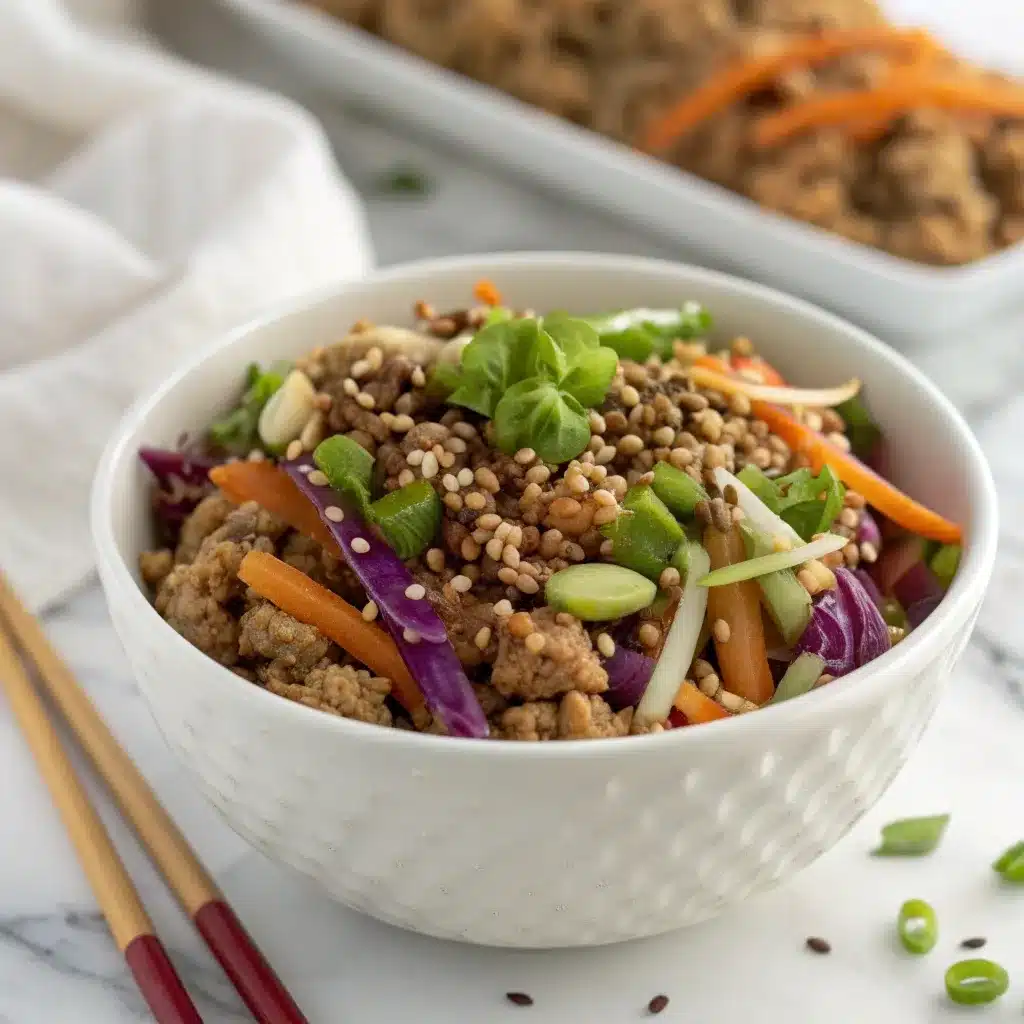 Healthy egg roll in a bowl with ground turkey and coleslaw mix in a modern white bowl.